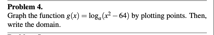 Problem 4. Graph the function g(x) = log(x2 -64)