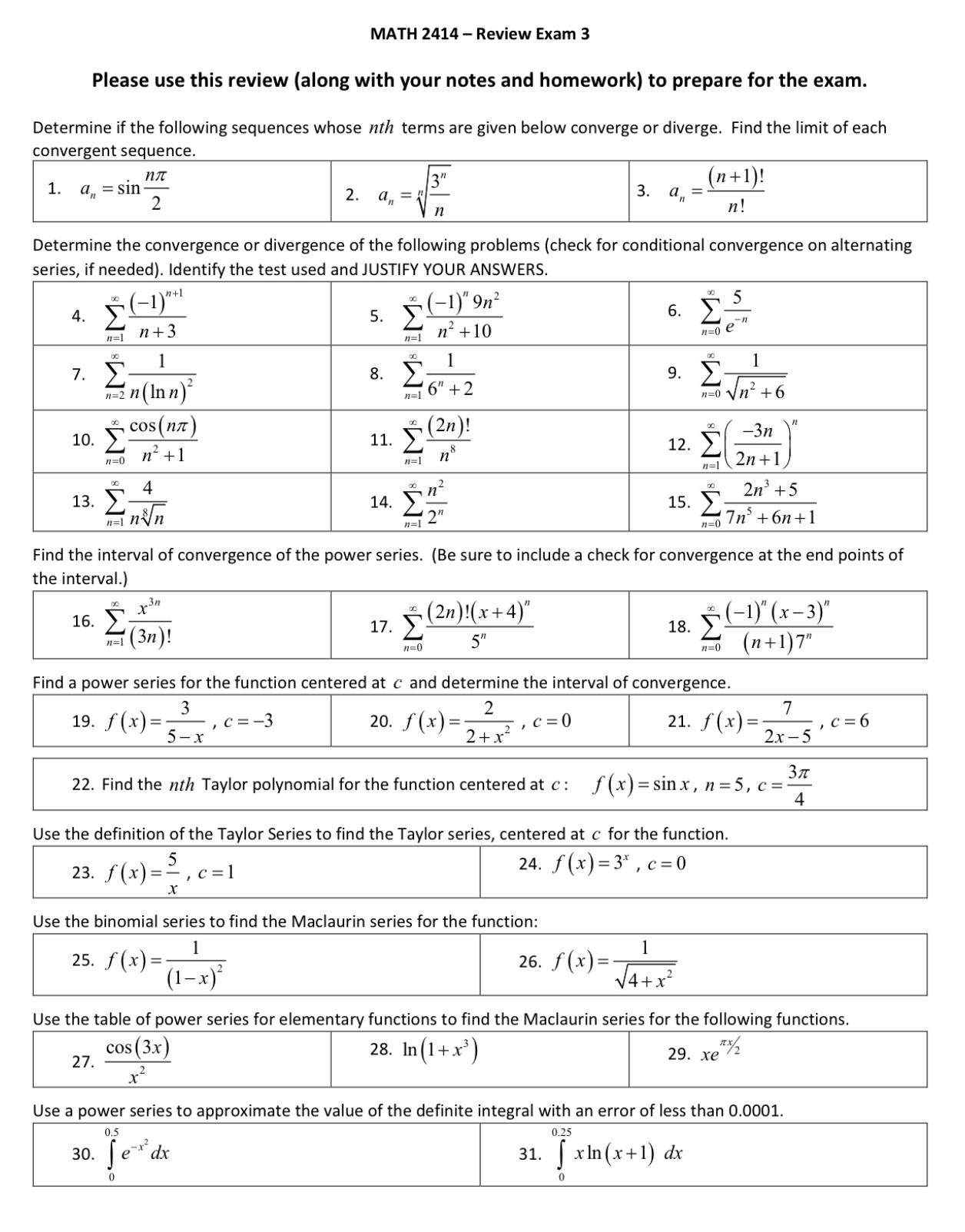 MATH 2414 - Review Exam 3 Please use this review