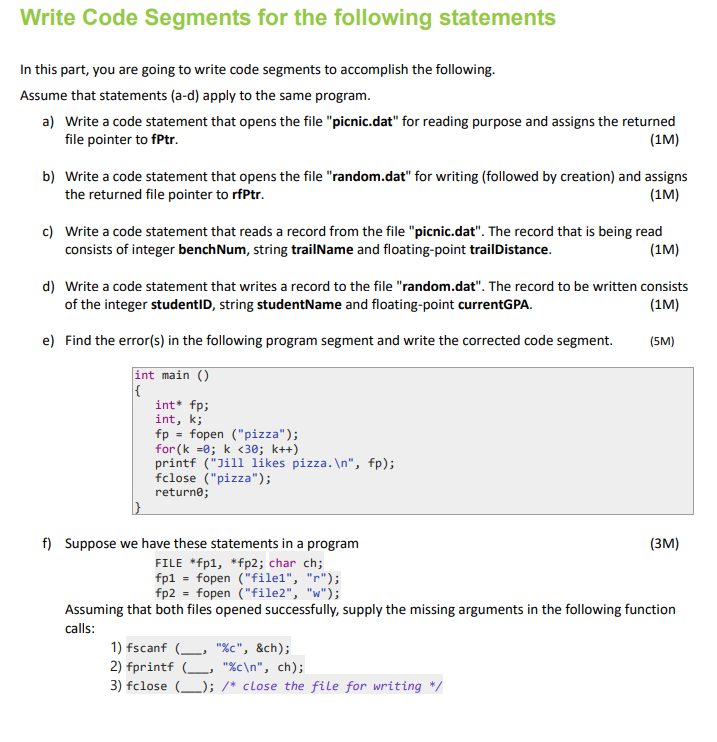 Write Code Segments for the following statements