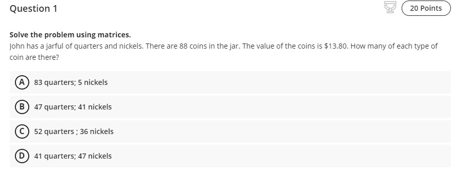 Question 1 20 Points Solve the problem using