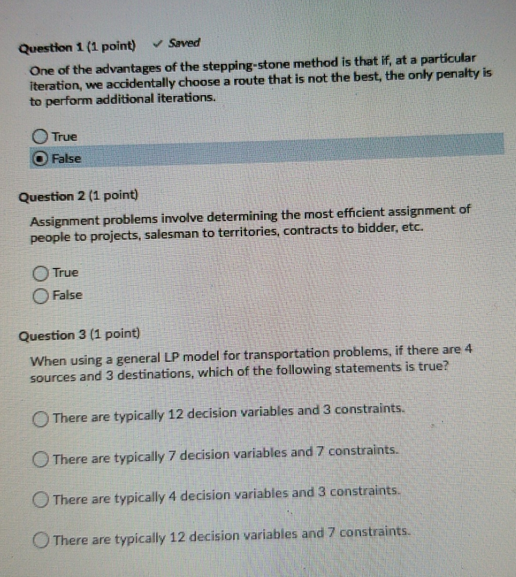 Answer 1-3 Question 1 (1 point) / Saved One of