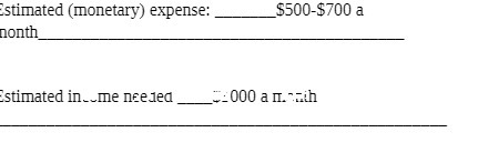 Estimated (monetary) expense: $500-$700 a month