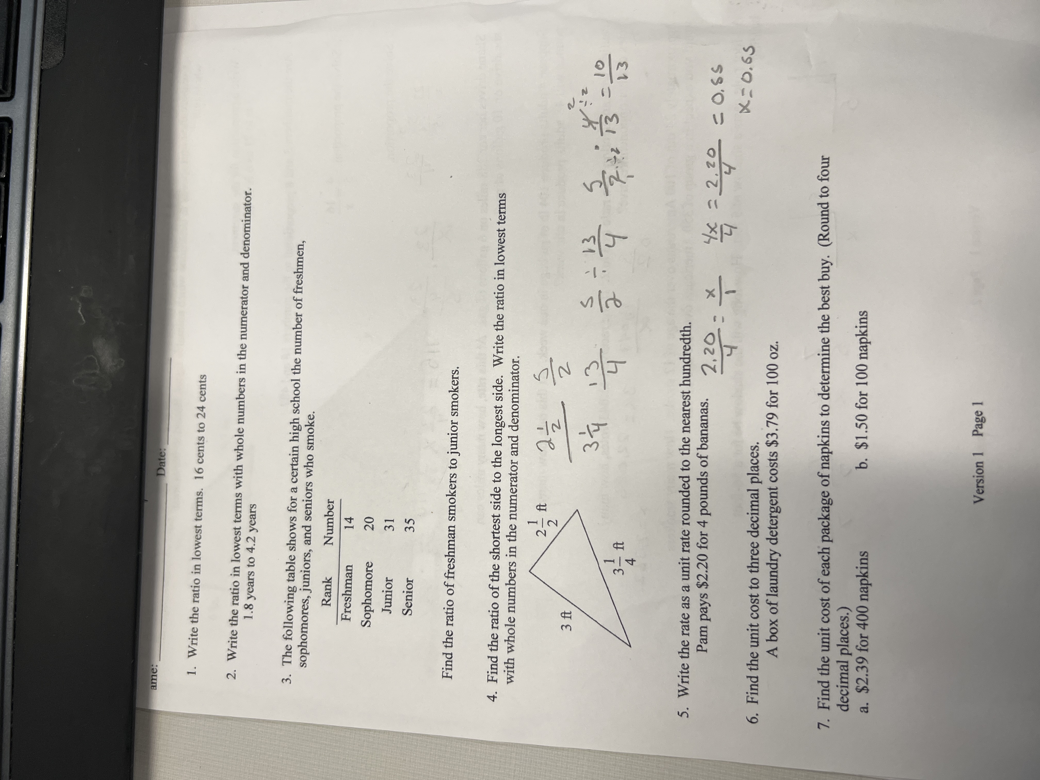 ame: Date: 1. Write the ratio in lowest terms. 16