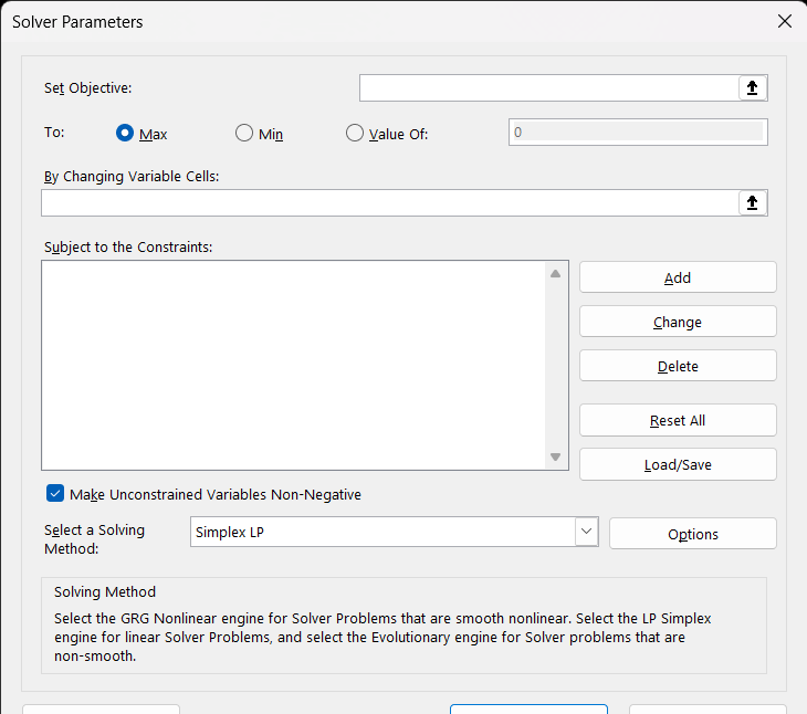 Solver Parameters X Set Objective: T To: Max O