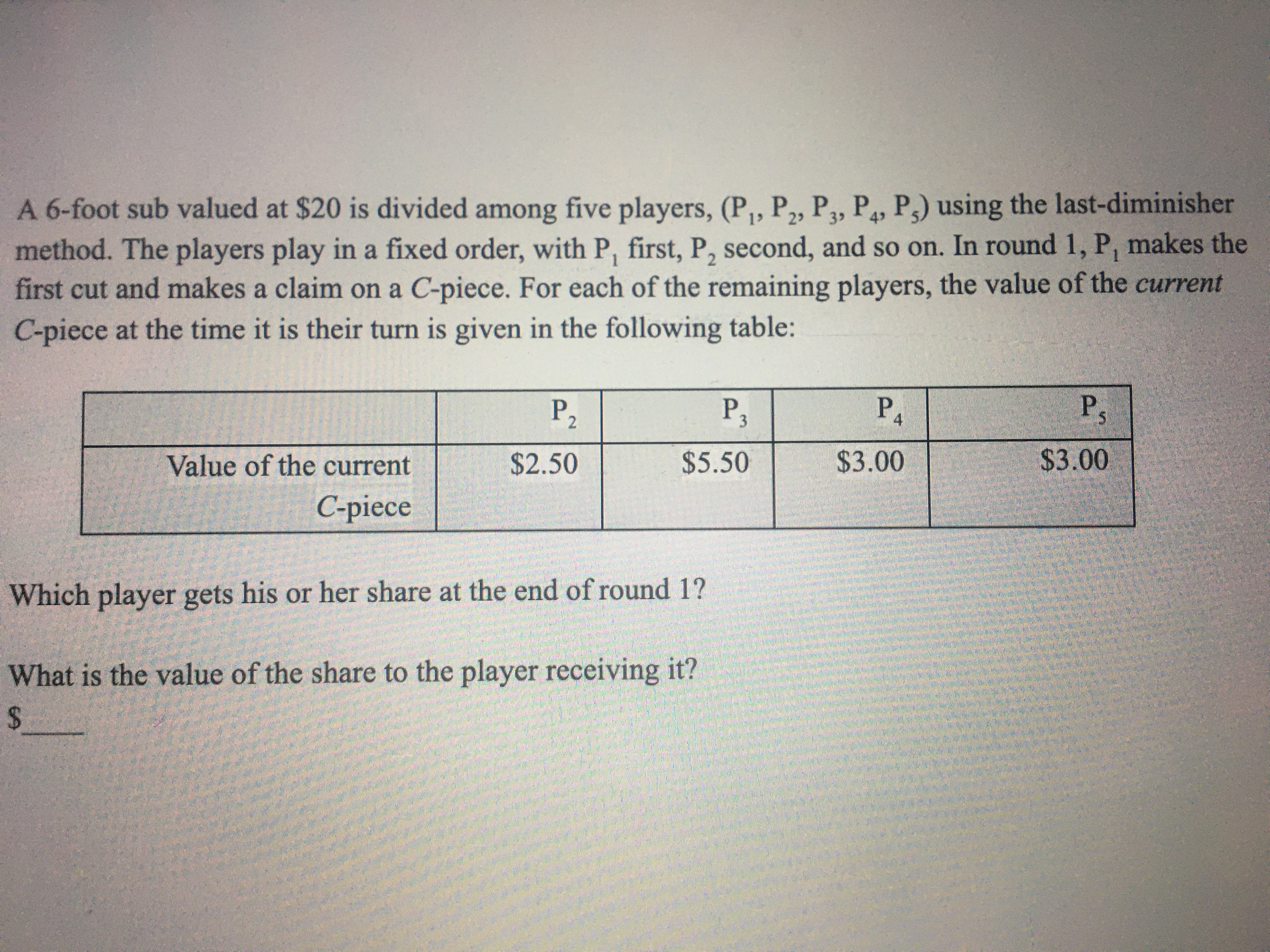 help please A 6-foot sub valued at $20 is divided