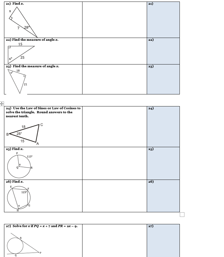 =1) Find x. 21) 28 32) Find the measure of angle