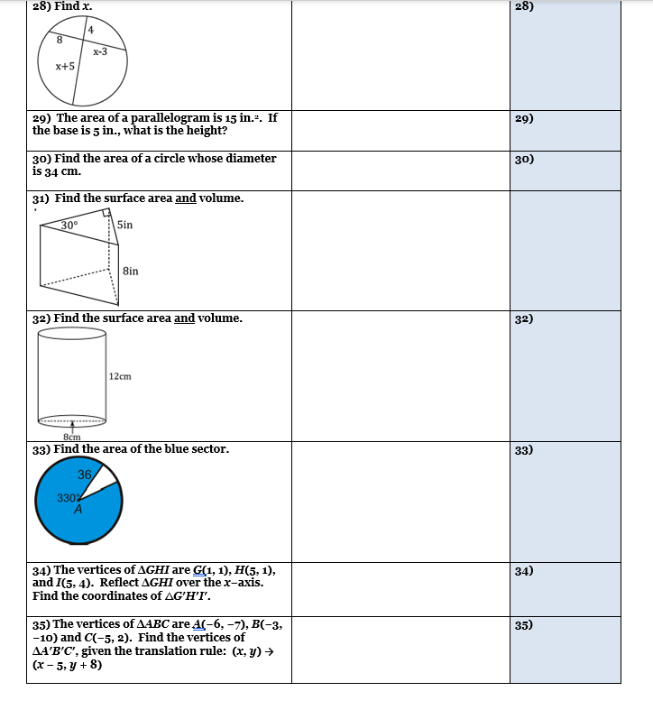 =1) Find x. 21) 28 32) Find the measure of angle