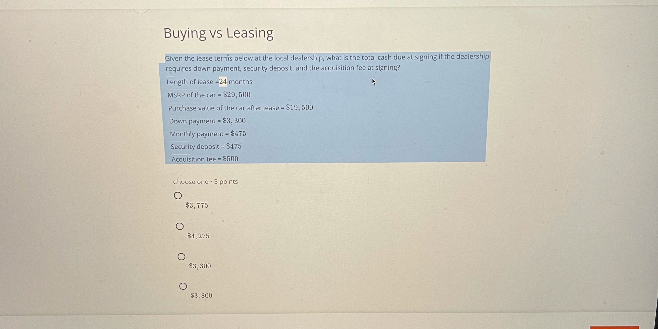 Buying vs Leasing Given the lease terms below at