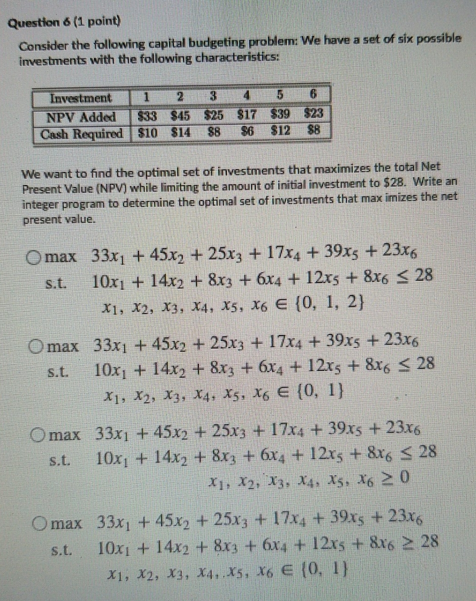 answer please Question 6 (1 point) Consider the