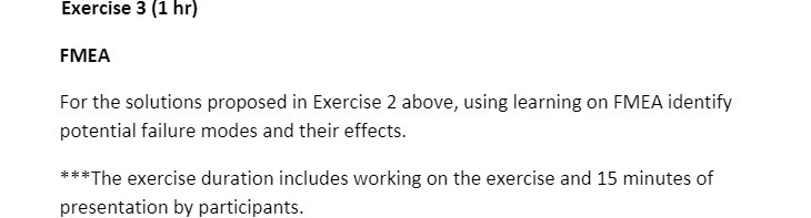 Exercise 3 [1 hr} FMEA For the solutions proposed