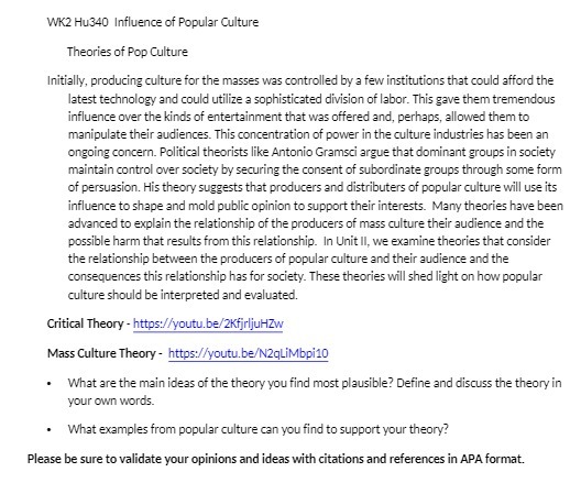 WK2 Hu340 Influence of Popular Culture Theories