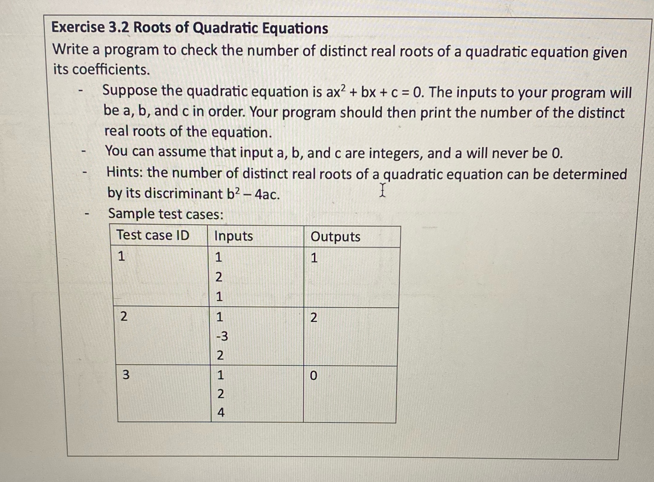 Exercise 3.2 Roots of Quadratic Equations Write a