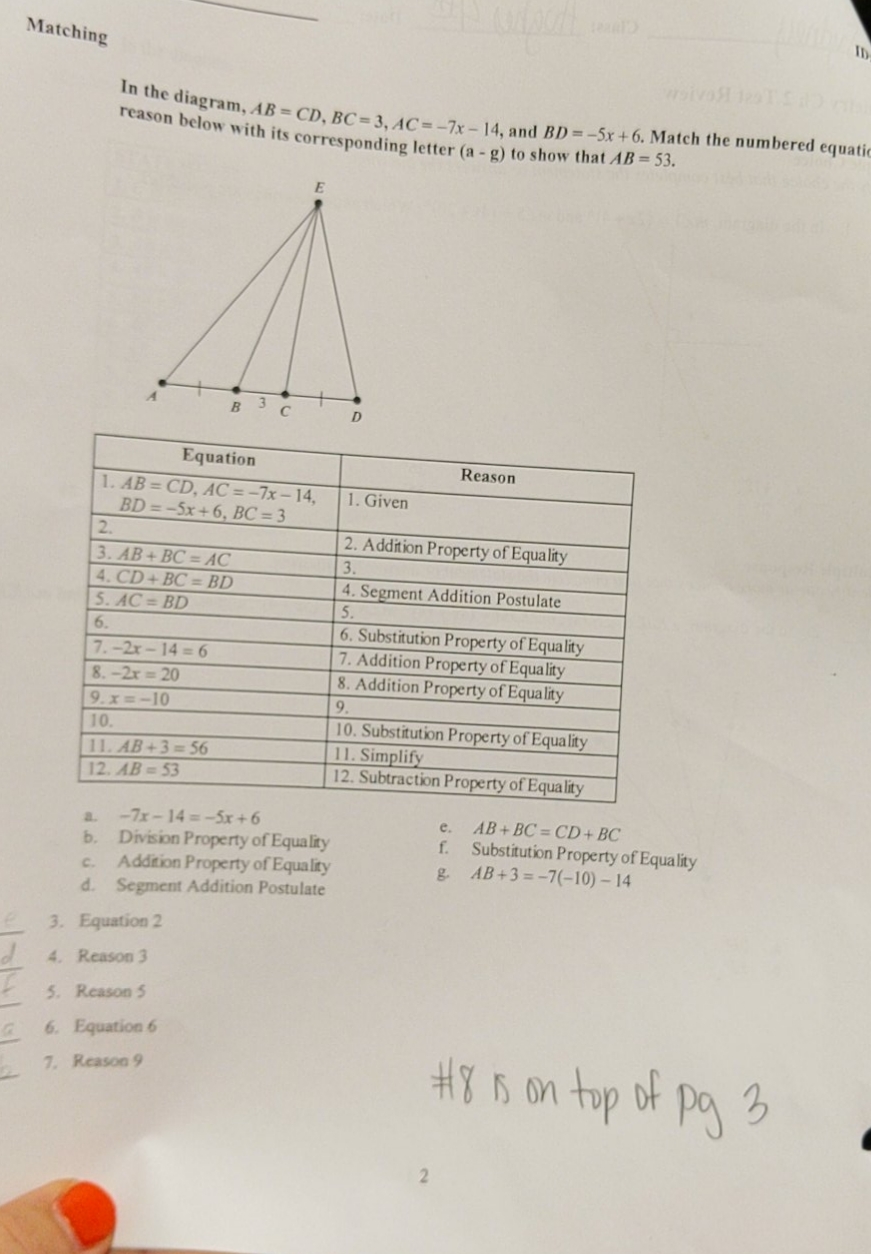 solve for 3-8 Matching In the diagram, AB = CD.