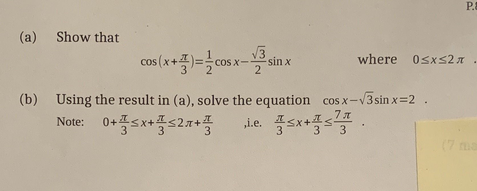P. (a) Show that cos ( x + II ) = V3 COS X- sin x