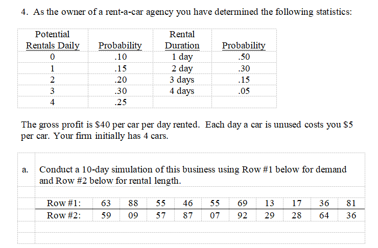 4. As the owner of a rent-a-car agency you have