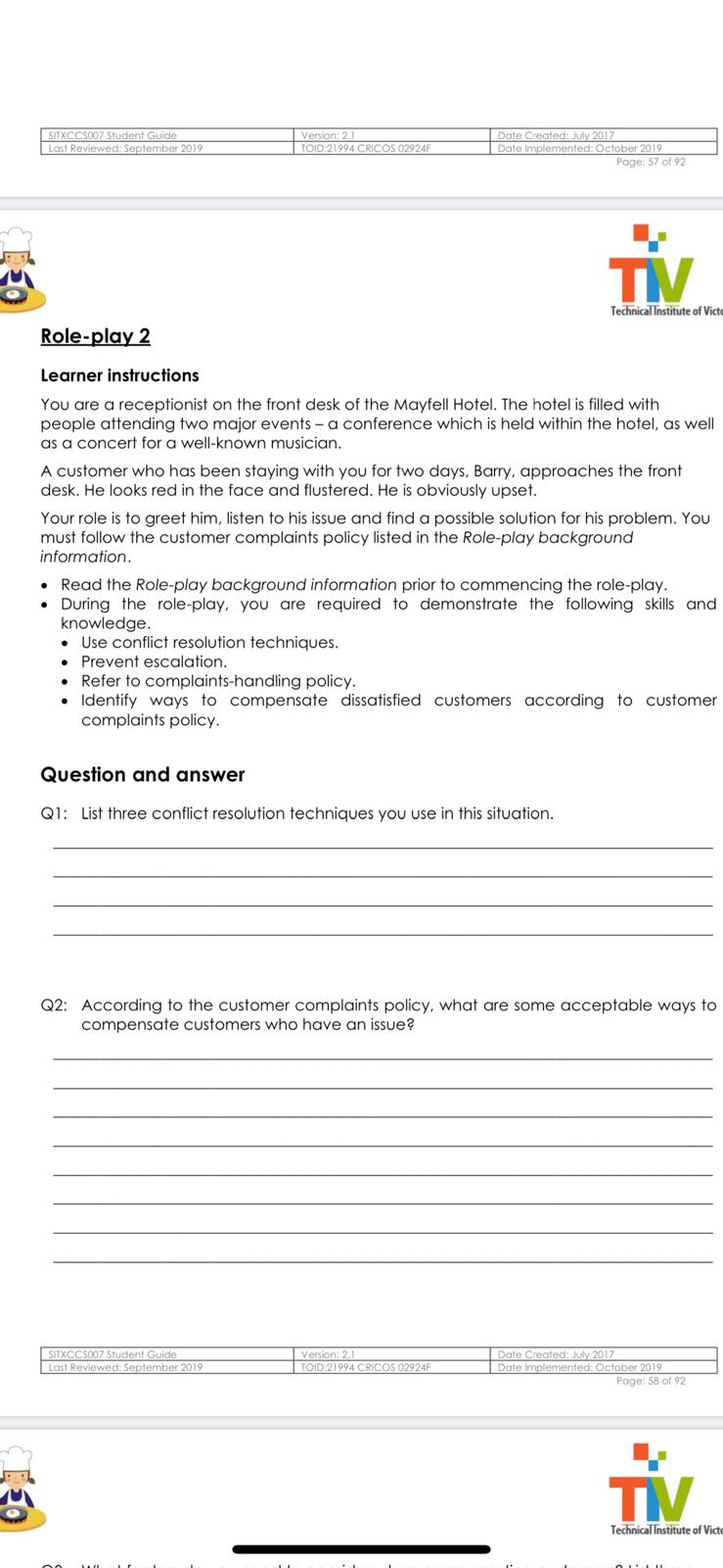 SITXCC$007 Student Guide Version: 2.1 TOID:21994