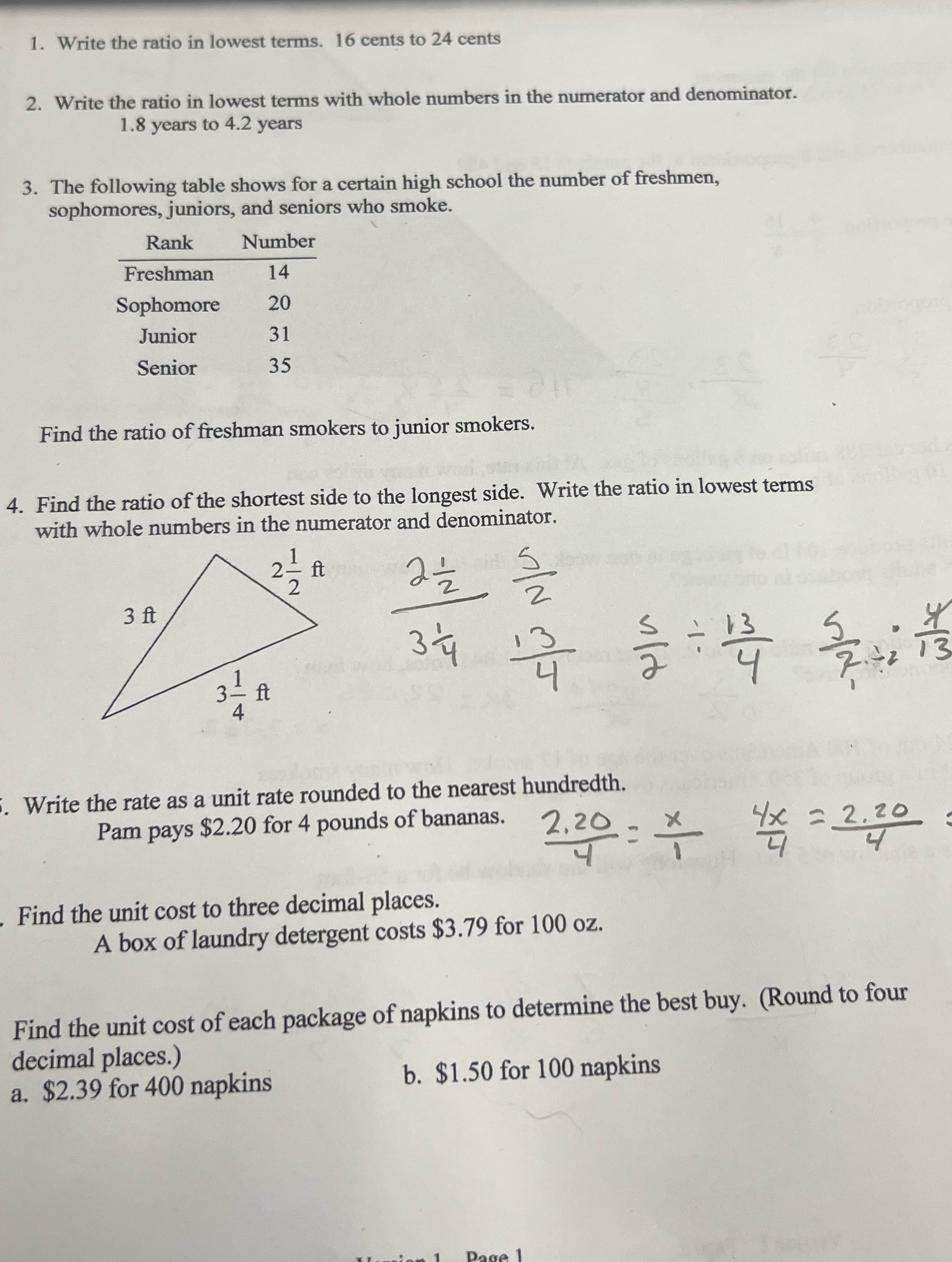 1-7 1. Write the ratio in lowest terms. 16 cents