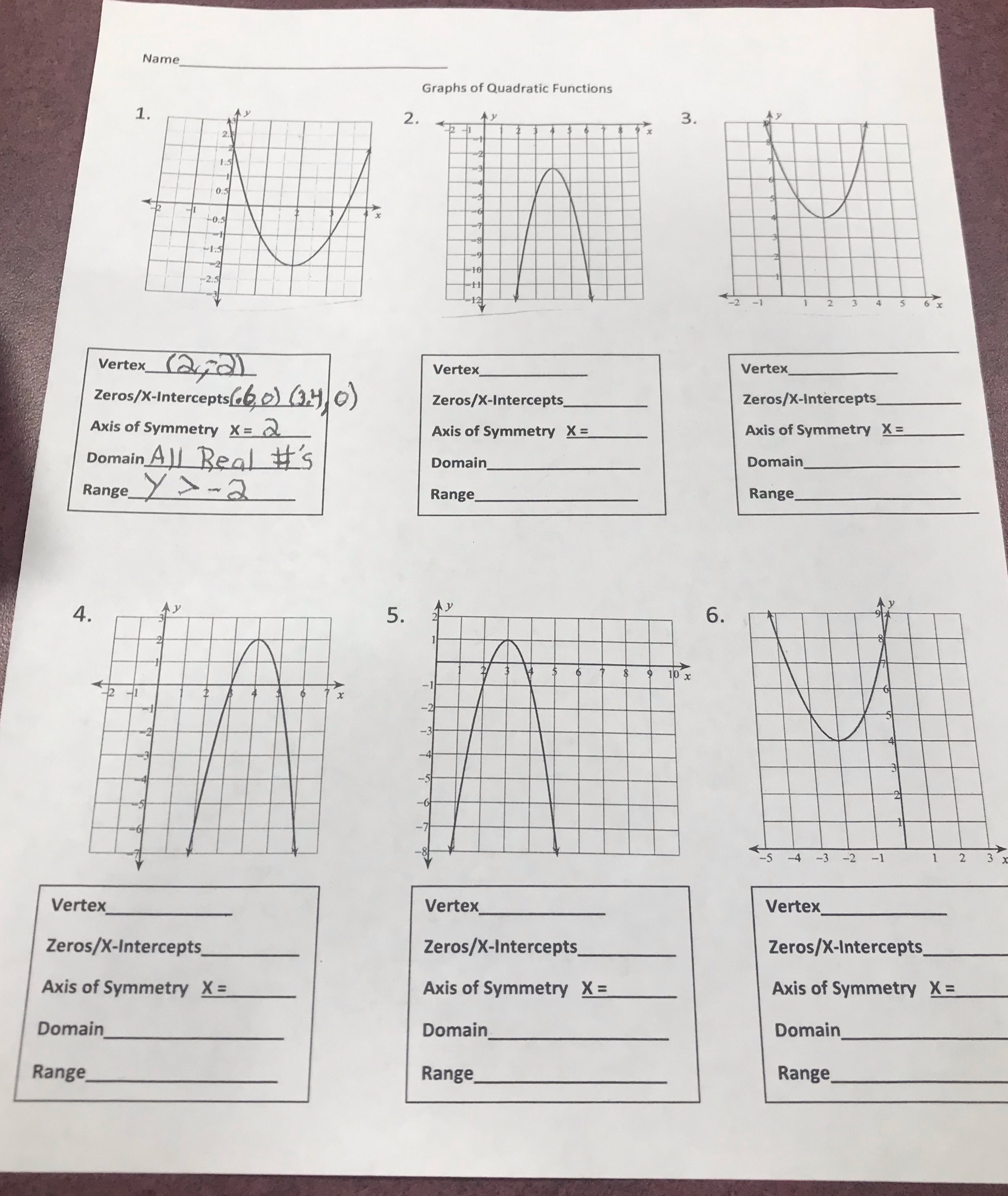 Help Name_ Graphs of Quadratic Functions 1. 2. 3
