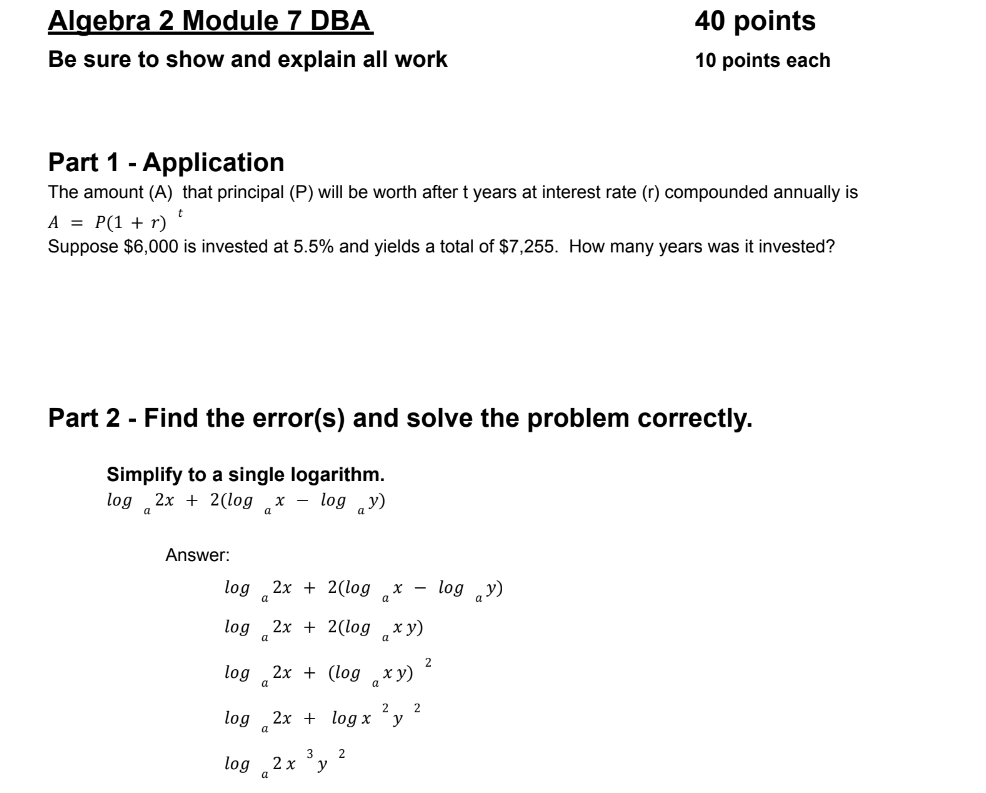 Algebra 2 Module 7 DBA 40 points Be sure to show