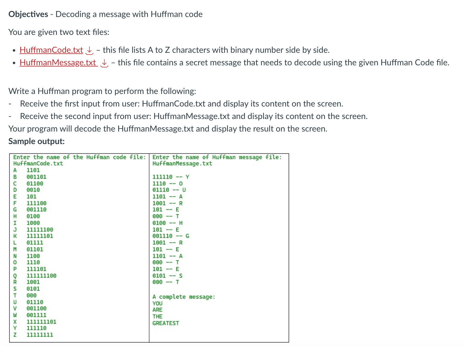 Objectives - Decoding a message with Huffman code
