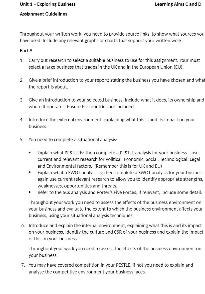 Unit 1 - Exploring Business Learning Aims C and D