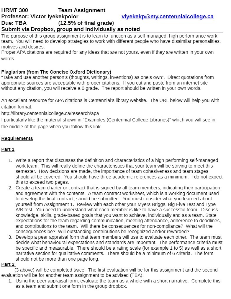 HRMT 300 Team Assignment Professor: Victor