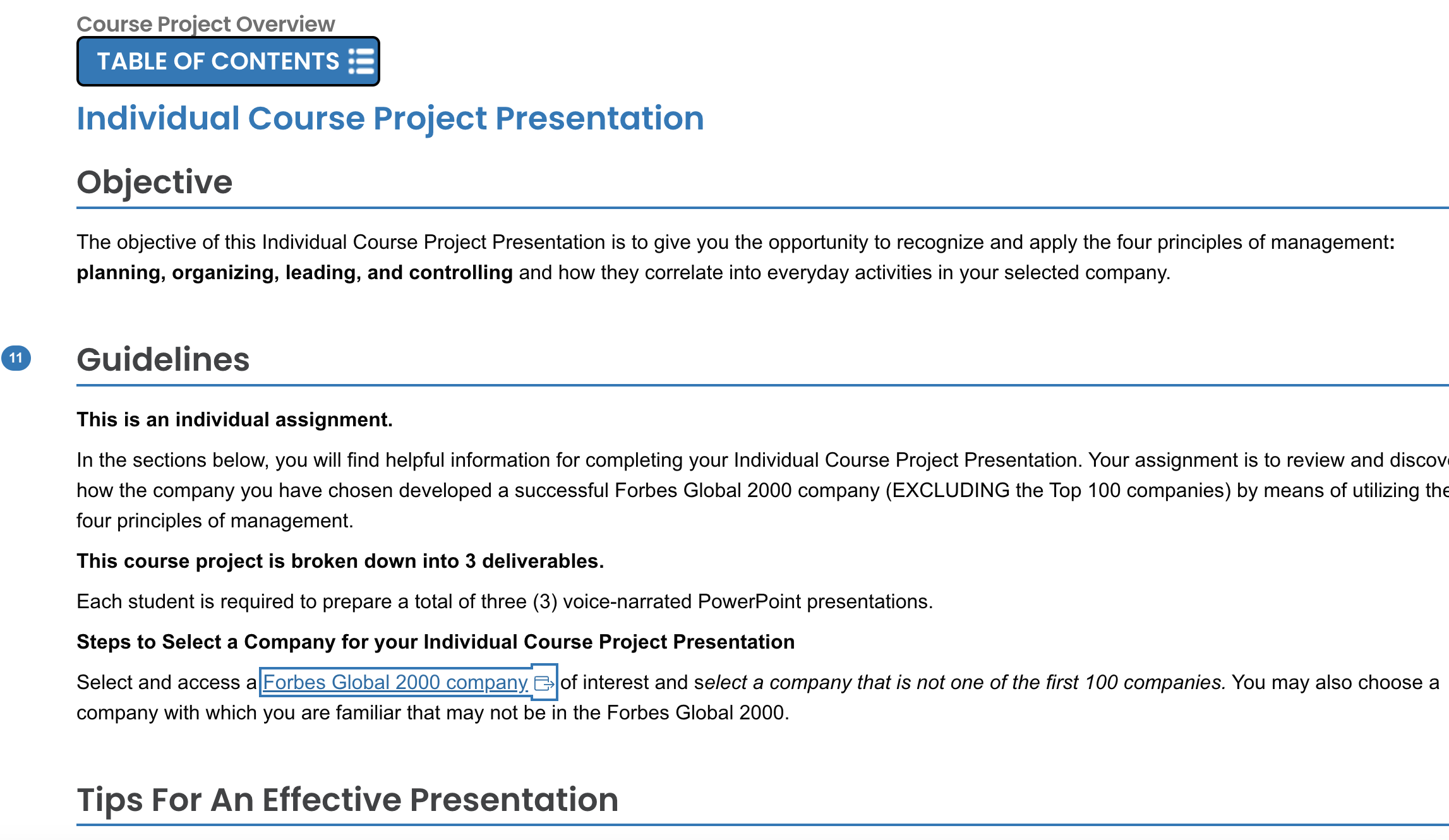 Course Project Overview TABLE OF CONTENTS