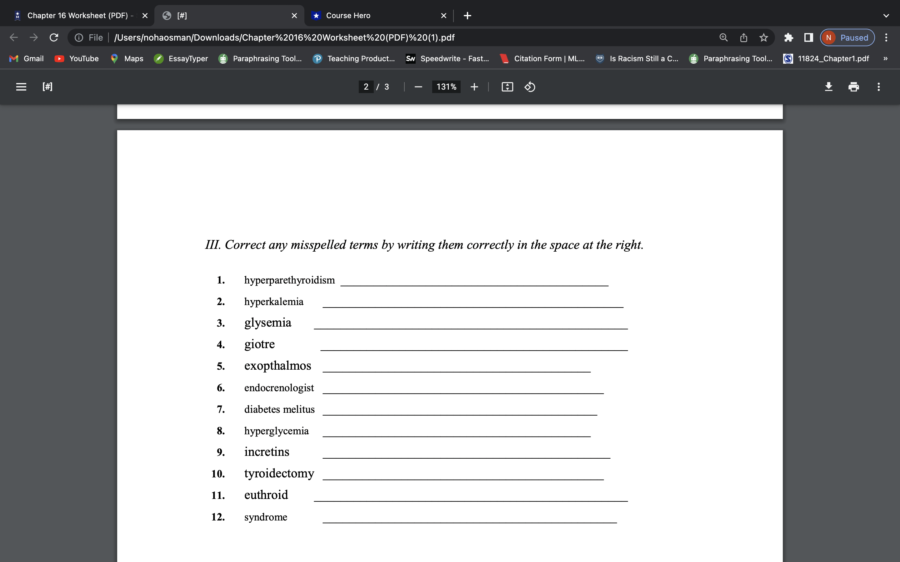 Chapter 16 Worksheet (PDF) - X [#] X *Course Hero