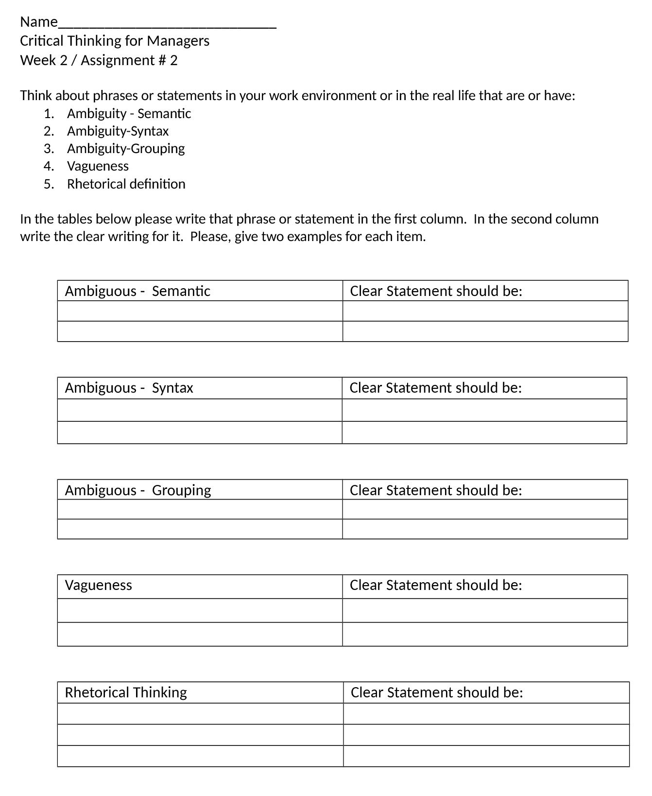 Name Critical Thinking for Managers Week 2 /