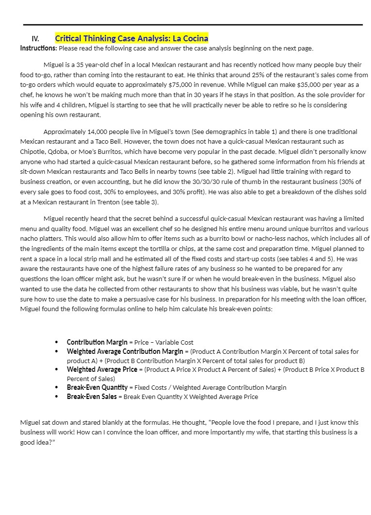 IV . Critical Thinking Case Analysis : La Cocina