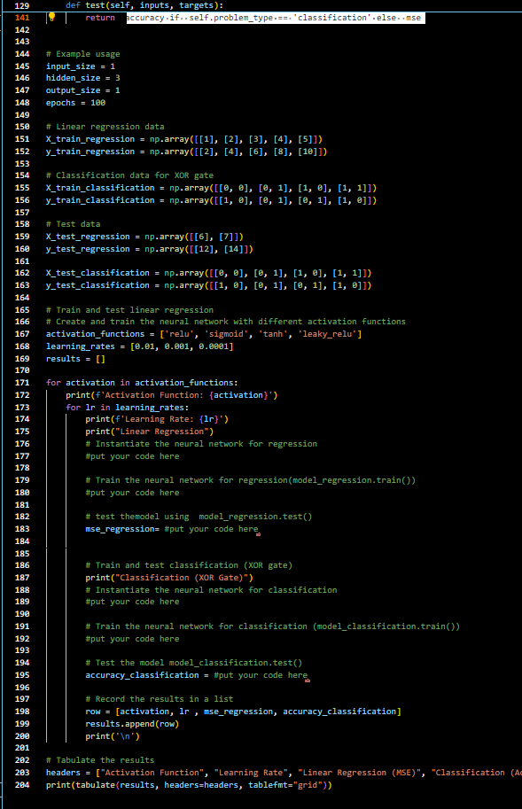 1 . Complete the implementation of the Neural