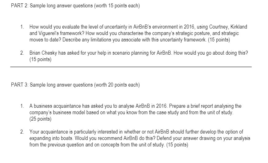 PART 2: Sample long answer questions (worth 15