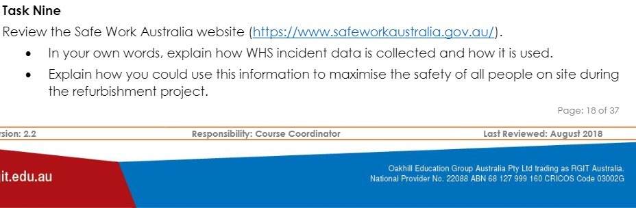 Task Nine Review the Safe Work Australia website
