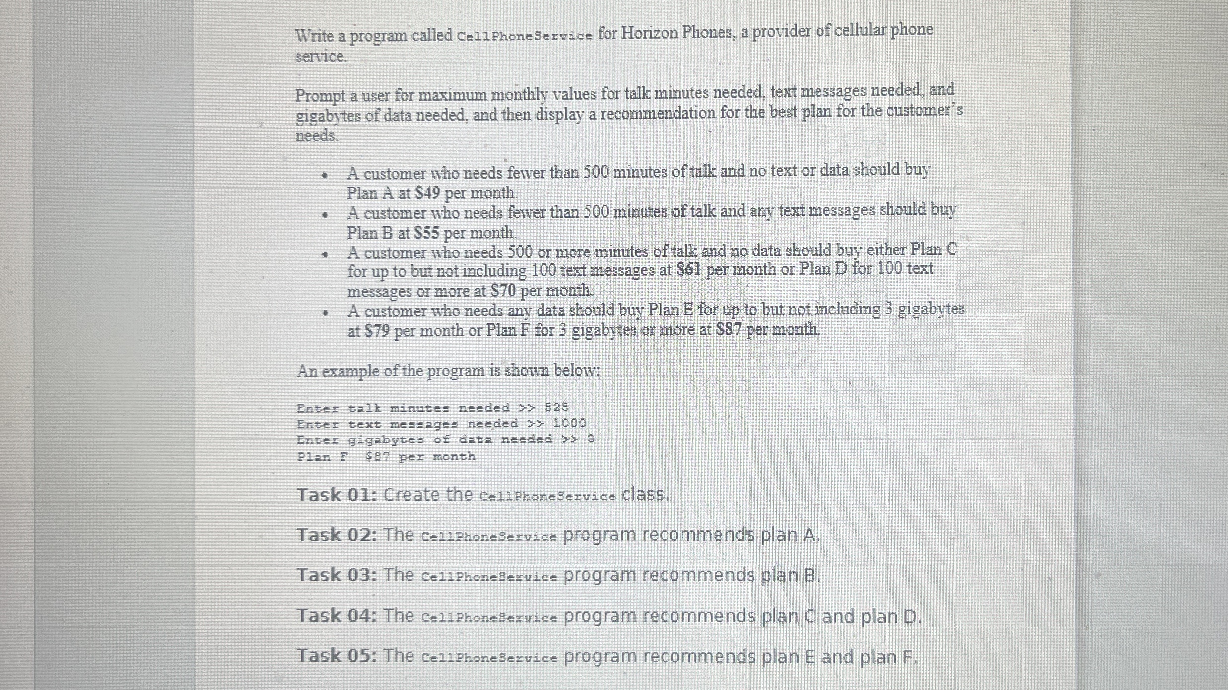 Write a program called CellehoneService for