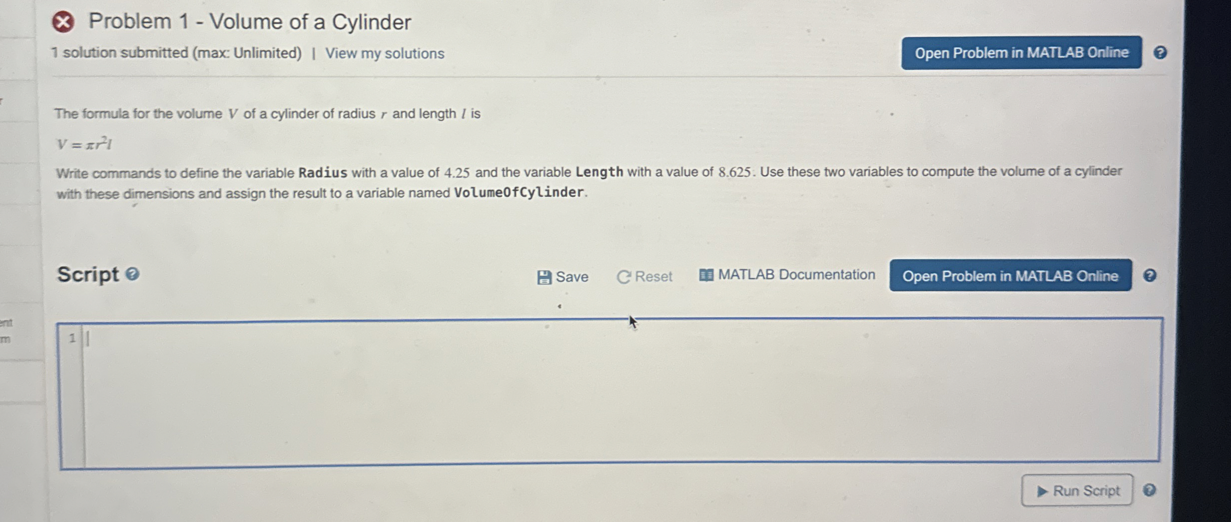 Problem 1 - Volume of a Cylinder 1 solution