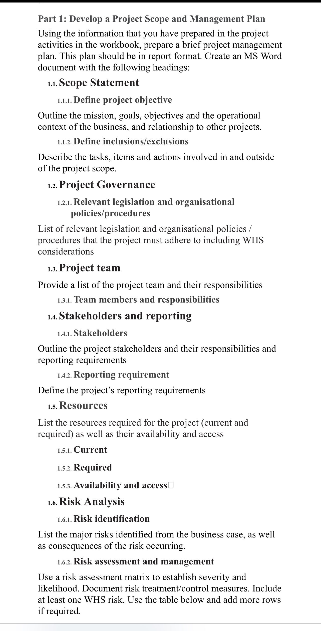 Part 1: Develop a Project Scope and Management