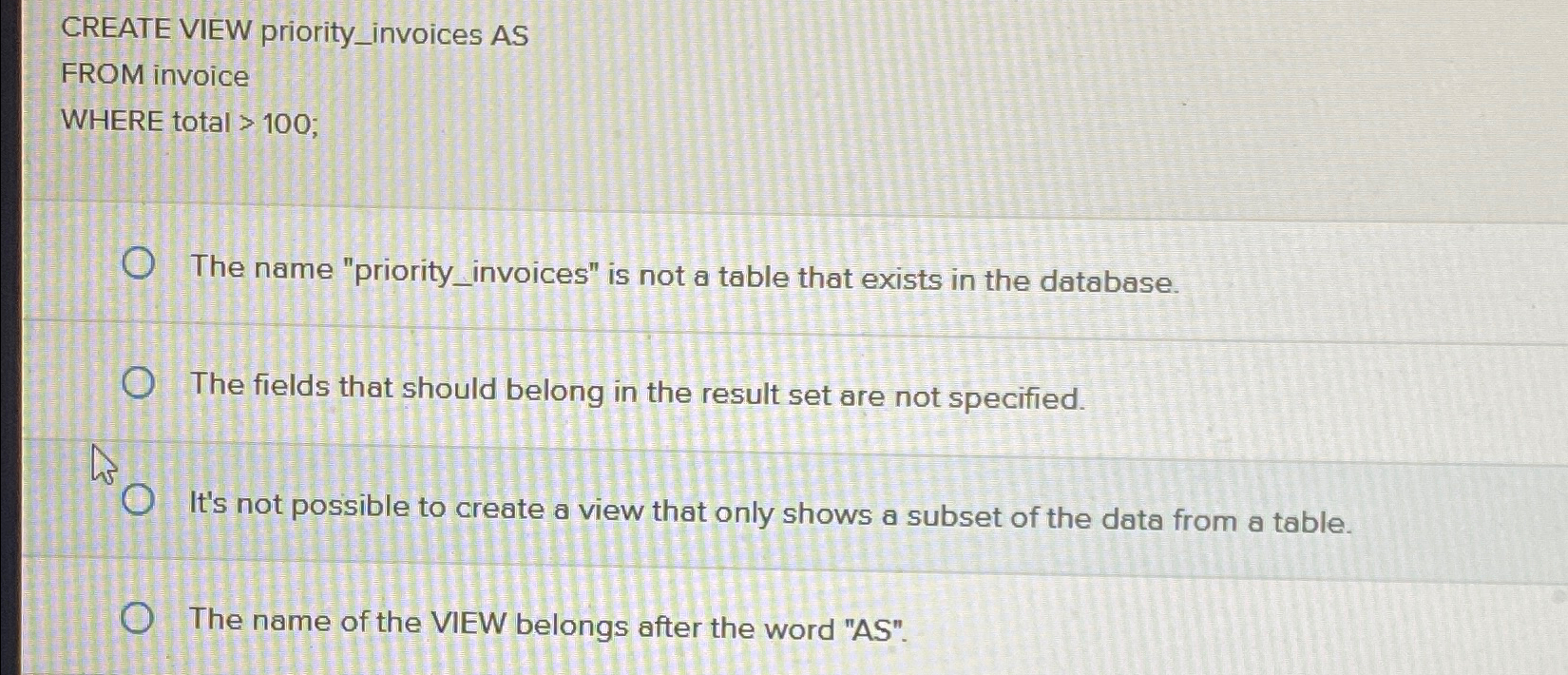 CREATE VIEW priority _ invoices AS FROM invoice