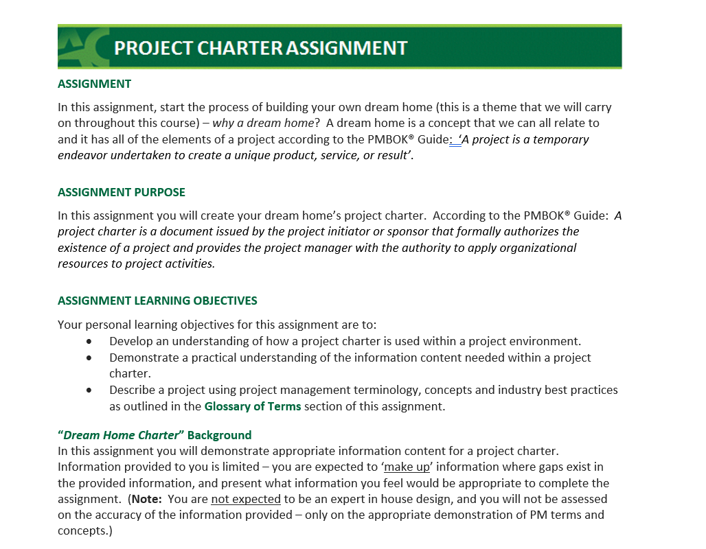 PROJECT CHARTERASSIGNMENT ASSIGNMENT In this