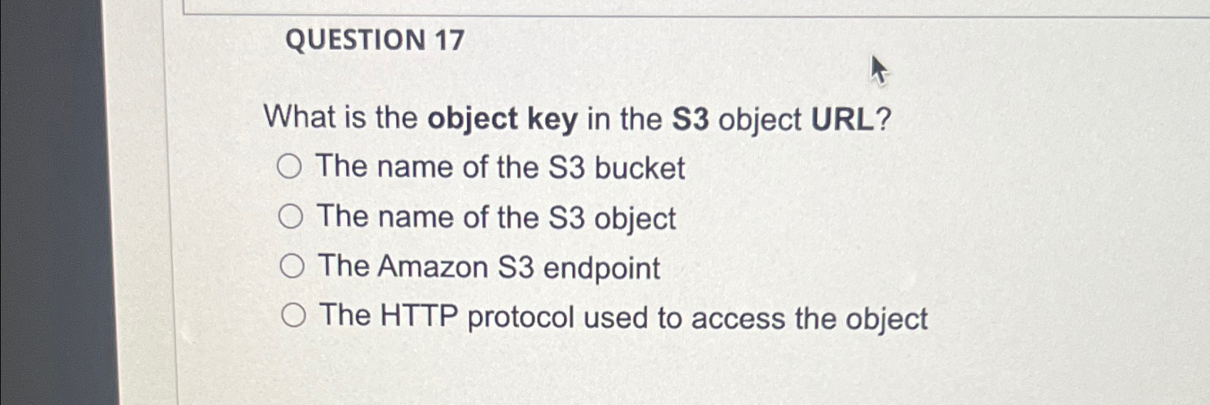 QUESTION 1 7 What is the object key in the S 3