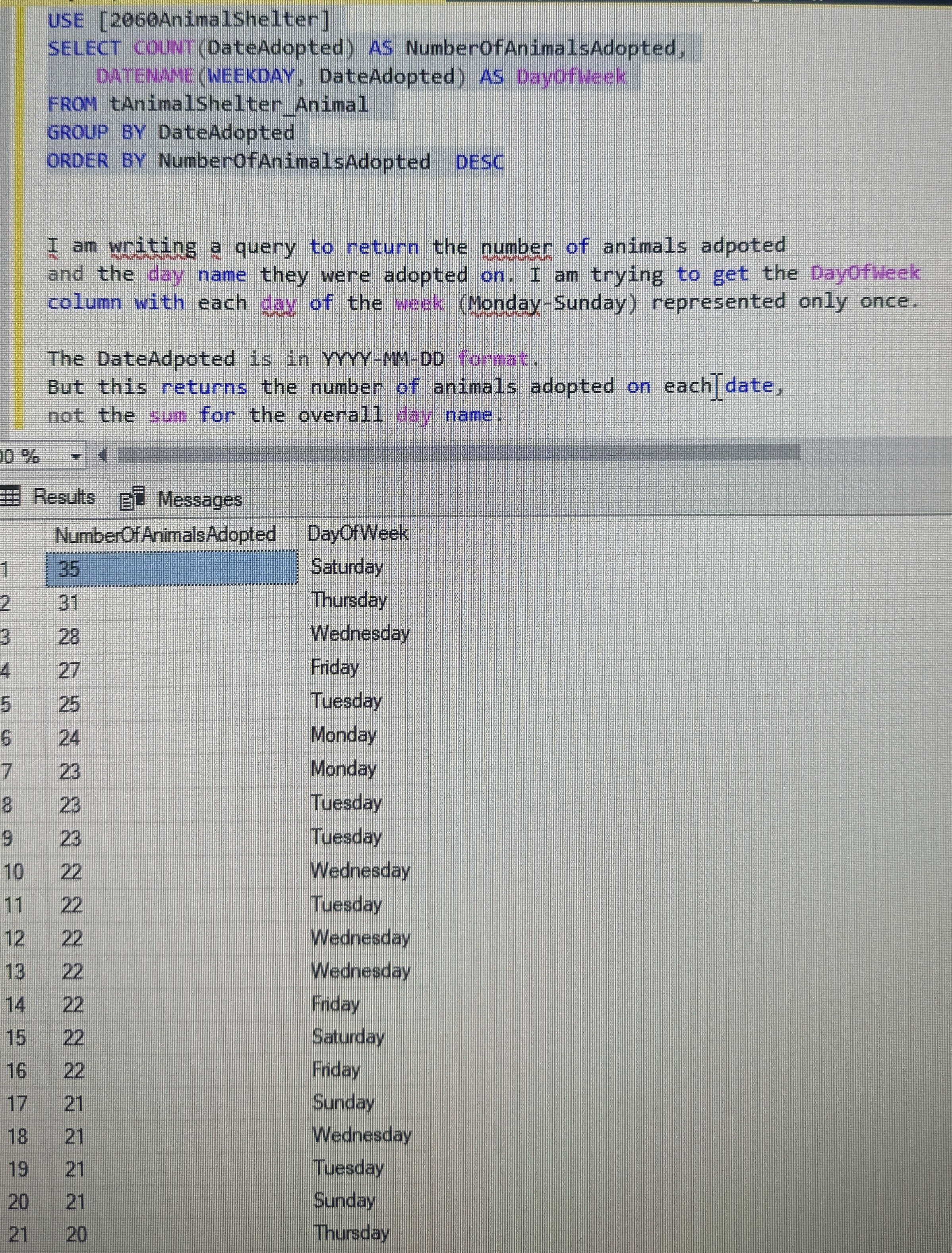 SQL . I highlighted the query that i have written