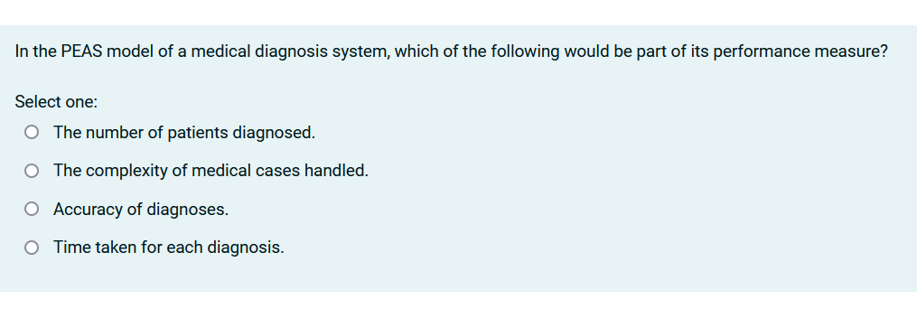 In the PEAS model of a medical diagnosis system,