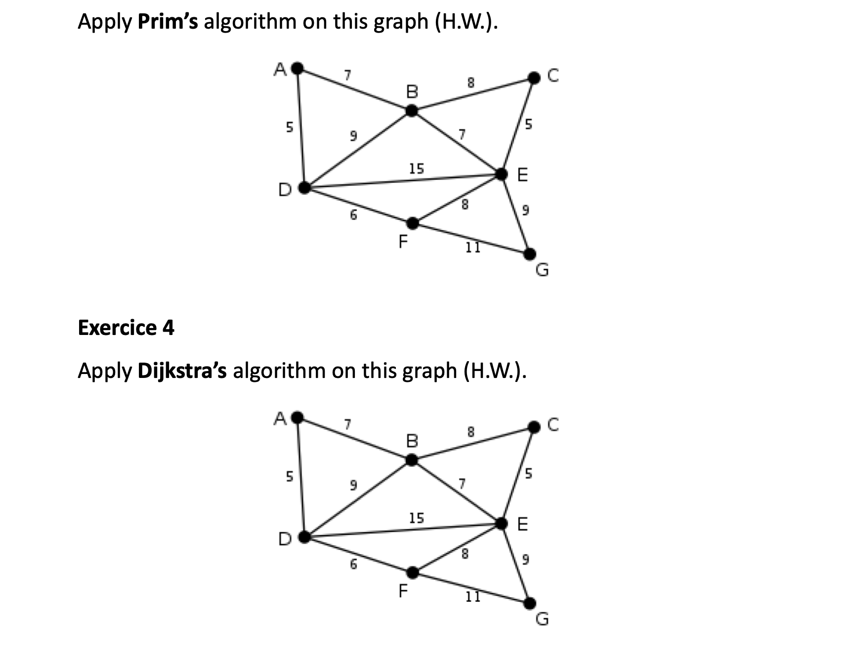 Apply Prim's algorithm on this graph ( H . W . )