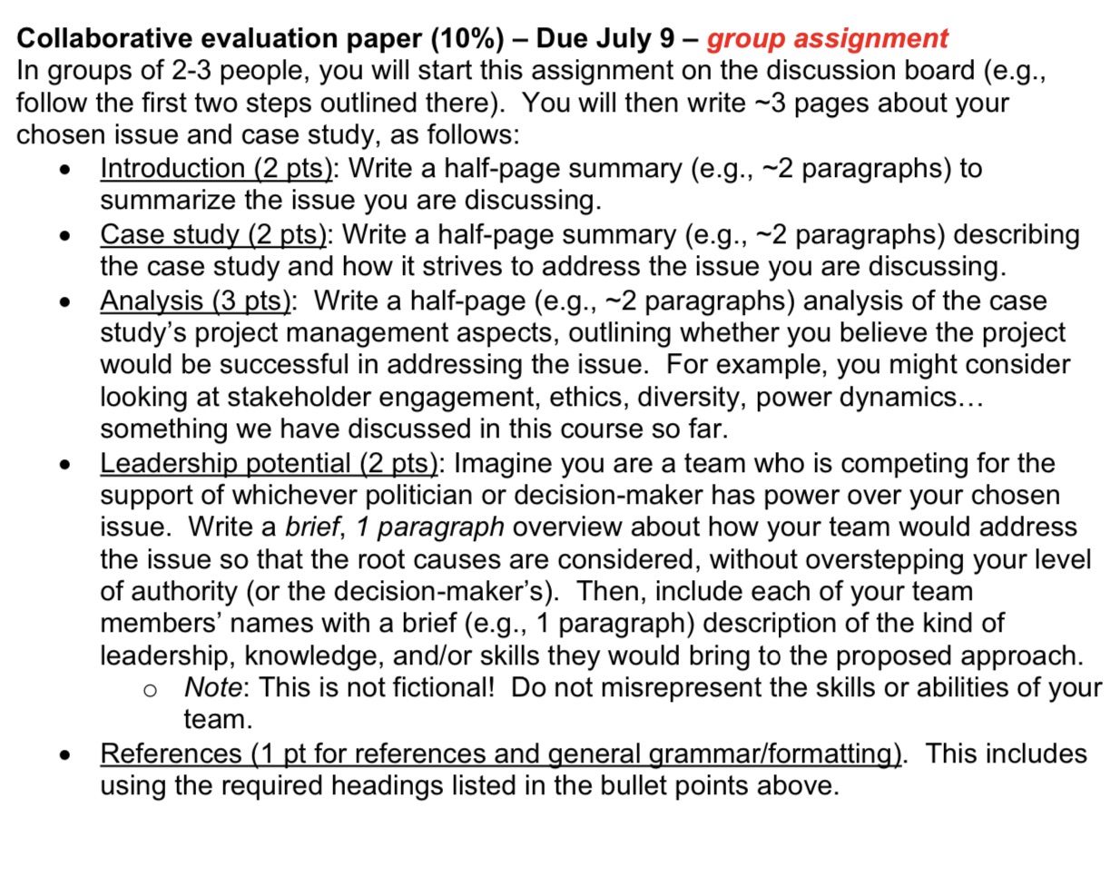 Collaborative evaluation paper (10%) Due July 9