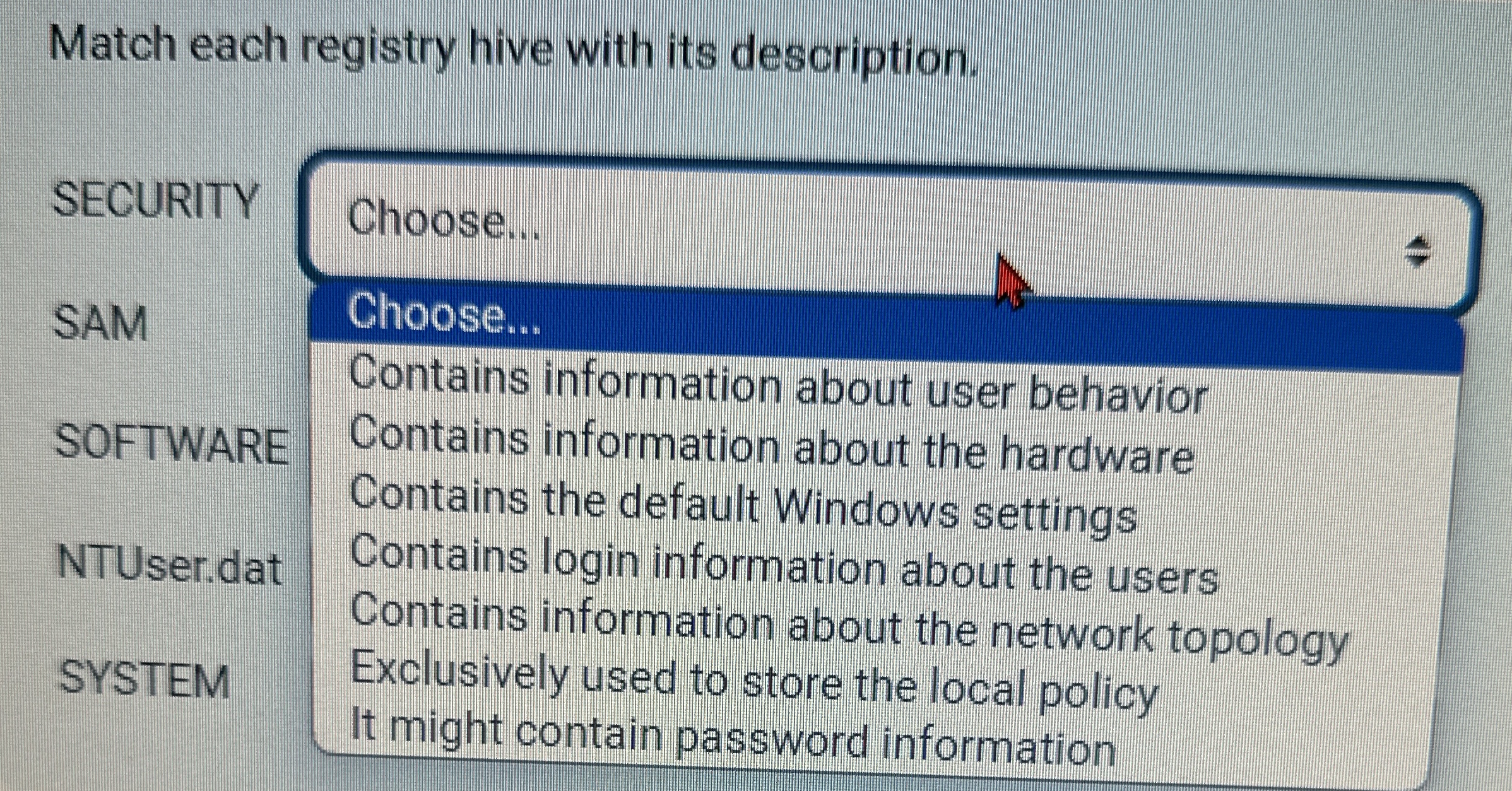 Match each registry hive with its description.