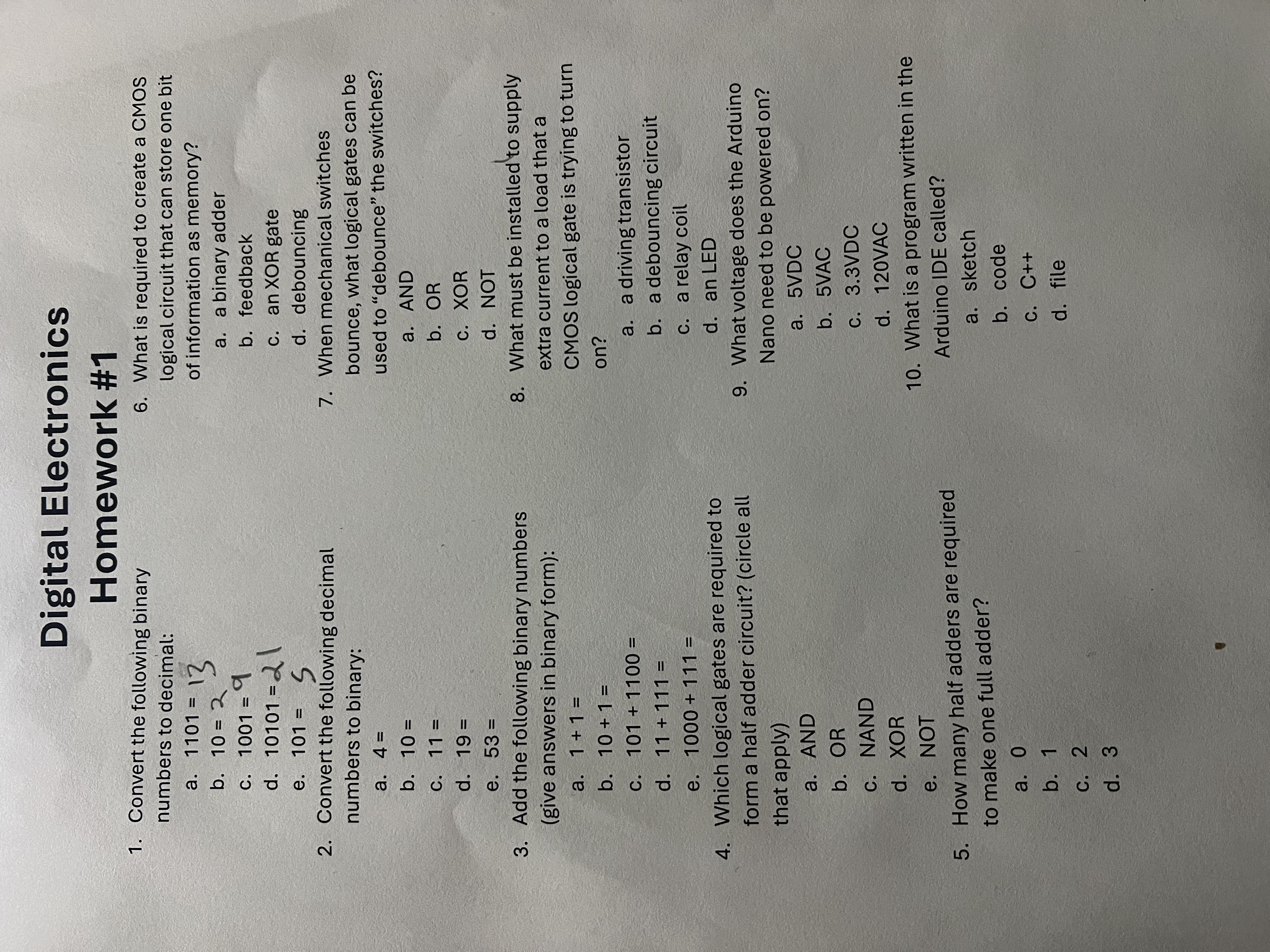 convert the following decimal numbers to binary a