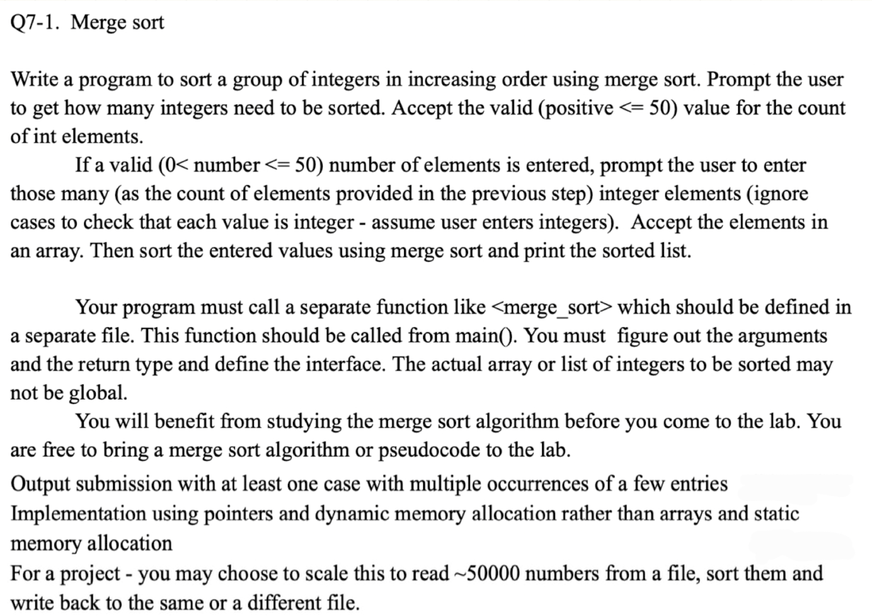 Q 7 - 1 . Merge sort Write a program to sort a