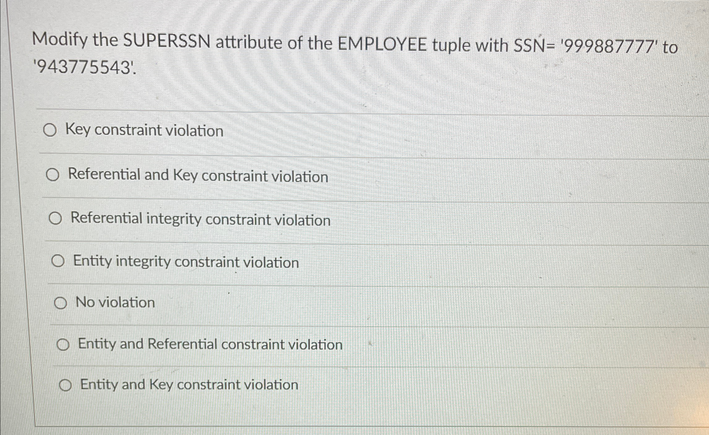 Modify the SUPERSSN attribute of the EMPLOYEE