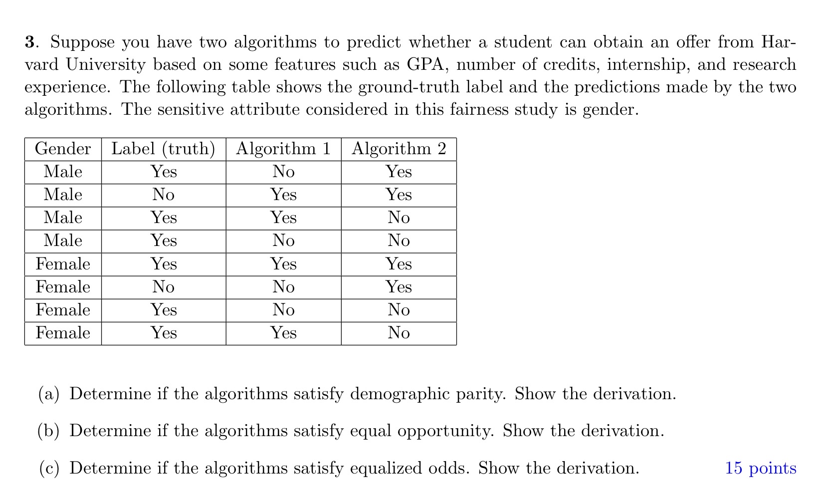 Suppose you have two algorithms to predict
