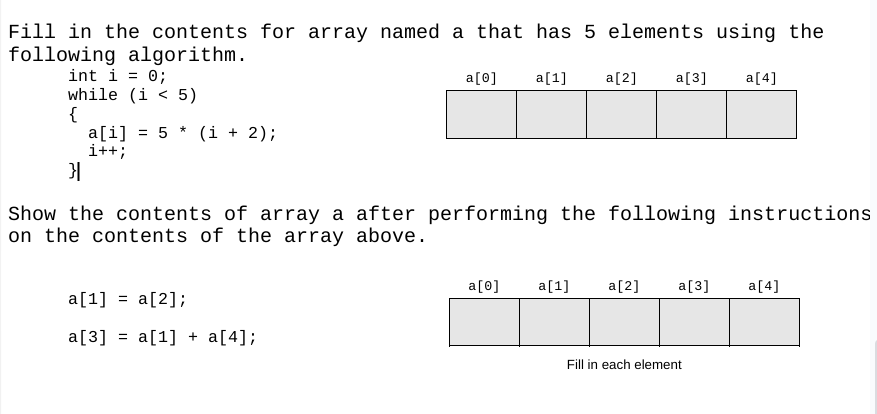 Show the contents of array a after performing the