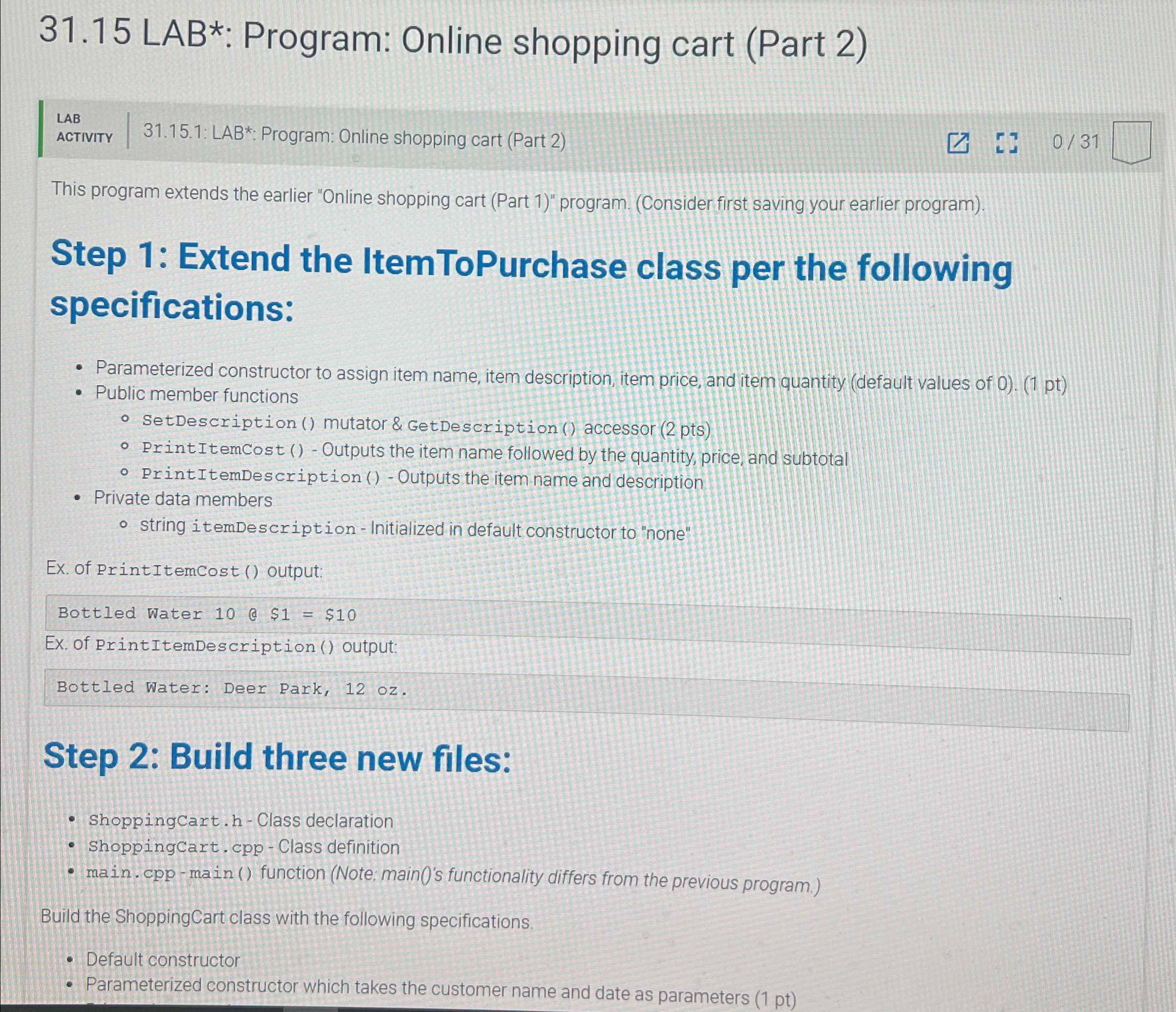 C + + 3 1 . 1 5 LAB * : Program: Online shopping